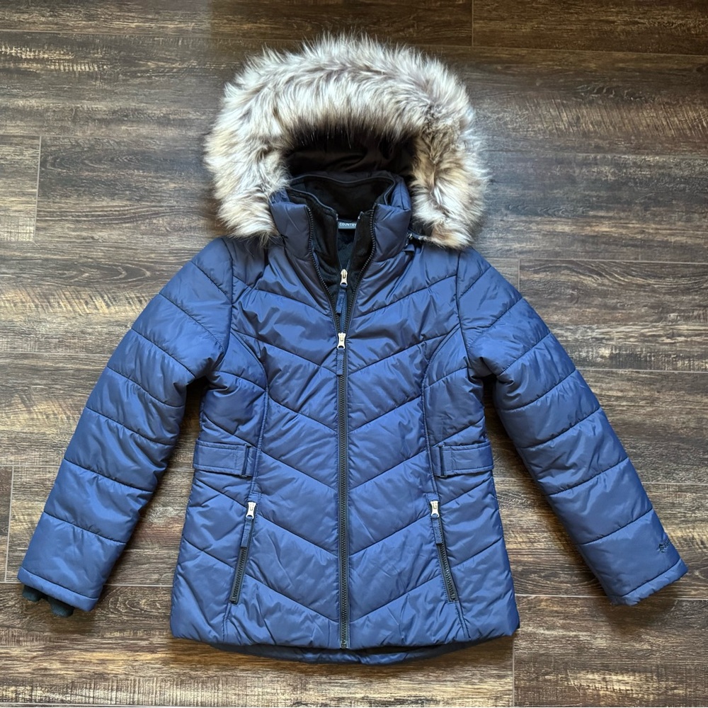 FREE COUNTRY Navy Blue Winter Jacket Women’s Coat with Fur Hood Small